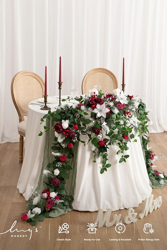 Ling's moment 9FT Eucalyptus and Willow Leaf Garland with White Flower, Handcrafted Wedding Sweetheart Table Centerpieces Head Table Decor Arch Backdrop Decorations for Wedding | Red & White
