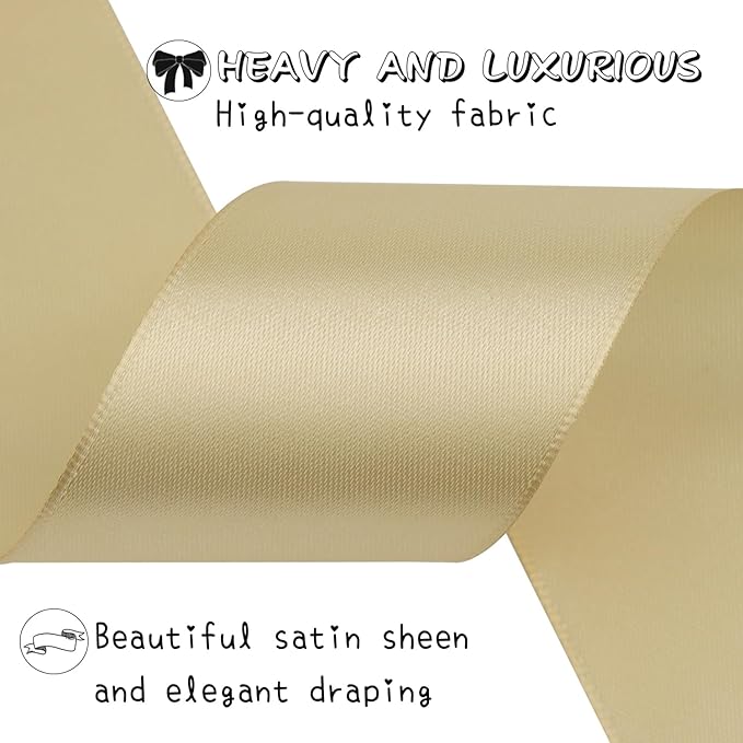 Champagne Solid Satin Ribbon 2 Inch 25 Yards Solid Polyester Fabric Ribbon for Gift Wrapping Wedding Christmas Baby Shower Birthday Party Decoration Handmade Immortal Flower Craft