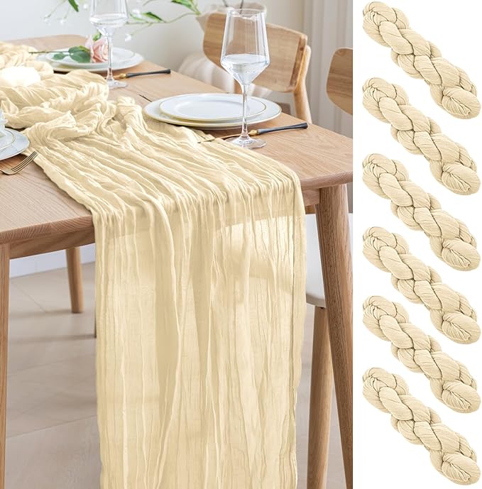 Asee'm 6pcs Cheesecloth Table Runner 120 Inches Long Beige Boho Gauze Cheese Cloth Runner 10FT Rustic Sheer Table Runners for Christmas Wedding Party Baby Shower Spring Easter Decoration