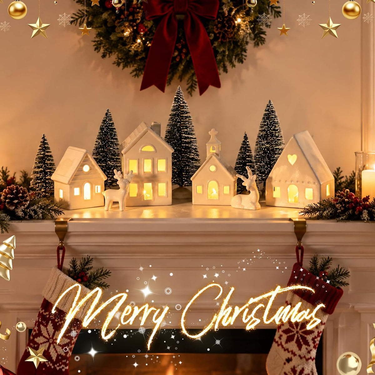 ktinnead 11 pcs christmas village sets-white ceramic indoor, side view