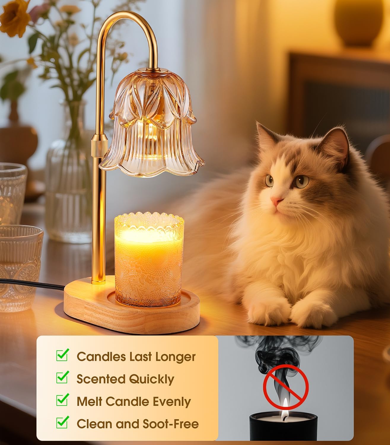 Candle Warmer Lamp Adjustable Timer - Electric Flower Glass Candles Warmers - Height Adjustable Dimmable Vintage Base Modern Wax Candles Top Warmers Wax Melts Birthday Women Mom House Warming Gifts
