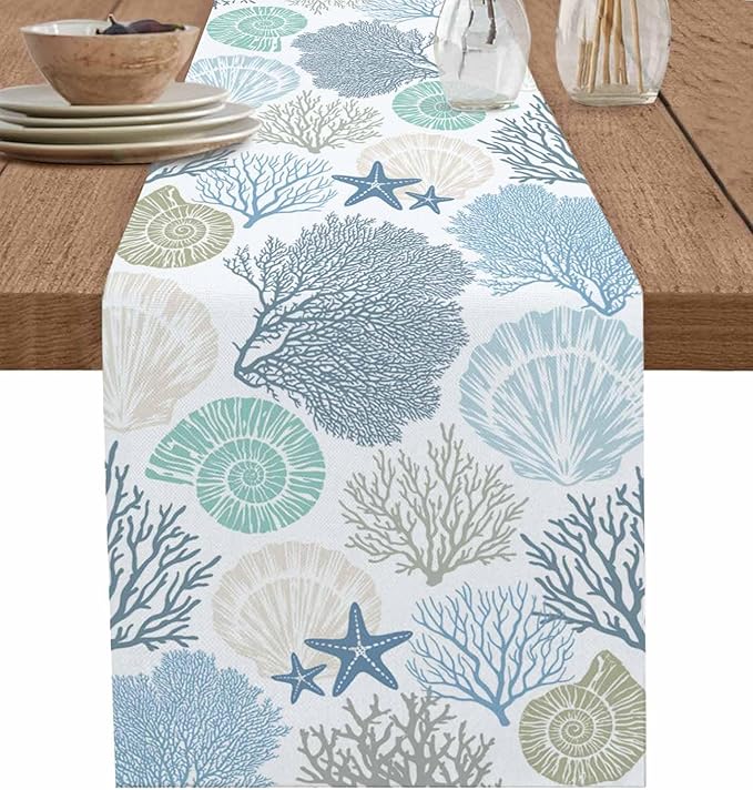 Coastal Coral Cotton Linen Table Runner for Dining Kitchen, Wedding Outdoor Party Tablerunners Decoration, Blue Nautical Starfish Ocean Shell Beach Dresser Scarf Coffee Tablecloth Runners 13x60 Inches