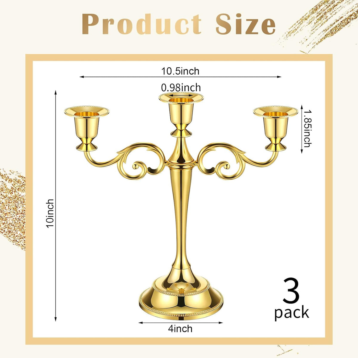 Dandat 3 Pcs 3 Arm Metal Candelabra Candle Holder, Classic, 10", Gold