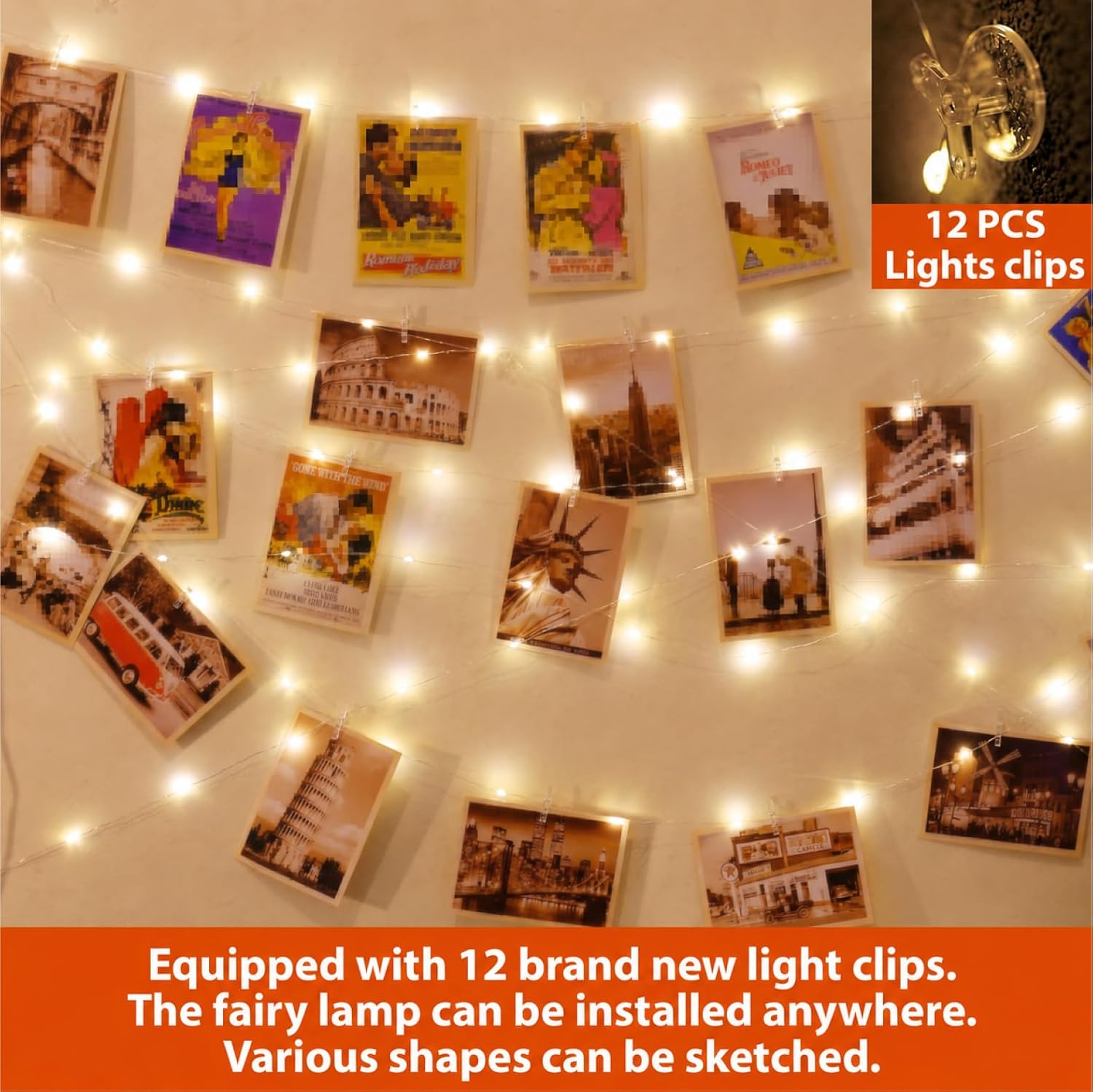 HXWEIYE 120LED Warm White 40Ft Fairy String Light with 52 Clear Clips & 12 Hooks, USB Powered, Waterproof, 8 Modes & Timer, Perfect for Indoor/Outdoor, Bedroom, Party, Wedding Decor