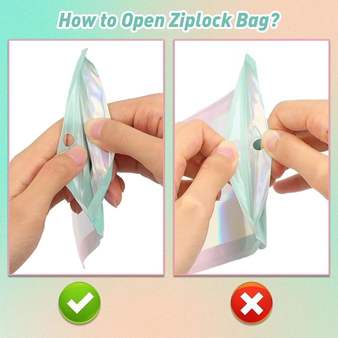 Funfery 100 Pack Gradient Holographic Bags,Mylar Resealable Bags with Zipper,Clear Window Packaging Pouchs,Foil Smell Proof Bag for Food Storage,Sample Jewelry Baggies(4×6In,Green Pink)