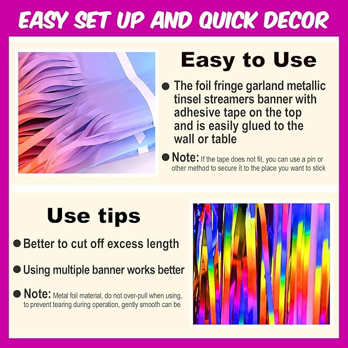 6 Pack 10 Ft Rainbow Foil Fringe Garland Metallic Streamers Tinsel Banner Wall Hanging Garland Backdrop for Parade Floats, Halloween, Christmas, Thanksgiving, New Year Party Decorations