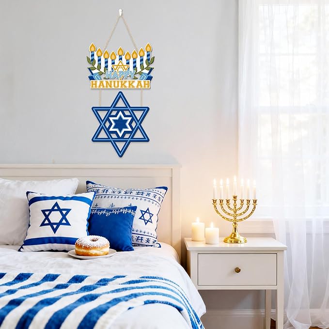 CHDITB Happy Hanukkah Shalom Front Door Sign(12"x20"), Wooden Jewish Festival of Light Blue Menorah Star of David Decoration Wall Hanging, Farmhouse Rustic Chanukah Judaism Christmas Winter Holiday Thanksgiving Gifts Decor for Home Party
