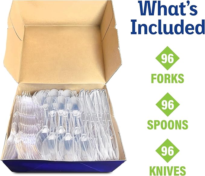 Diamond® All Occasion Clear Disposable Cutlery Set 288 Count – 96 Forks, 96 Spoons, 96 Knives, Premium Polystyrene, Crystal Clear, Party & Everyday Use