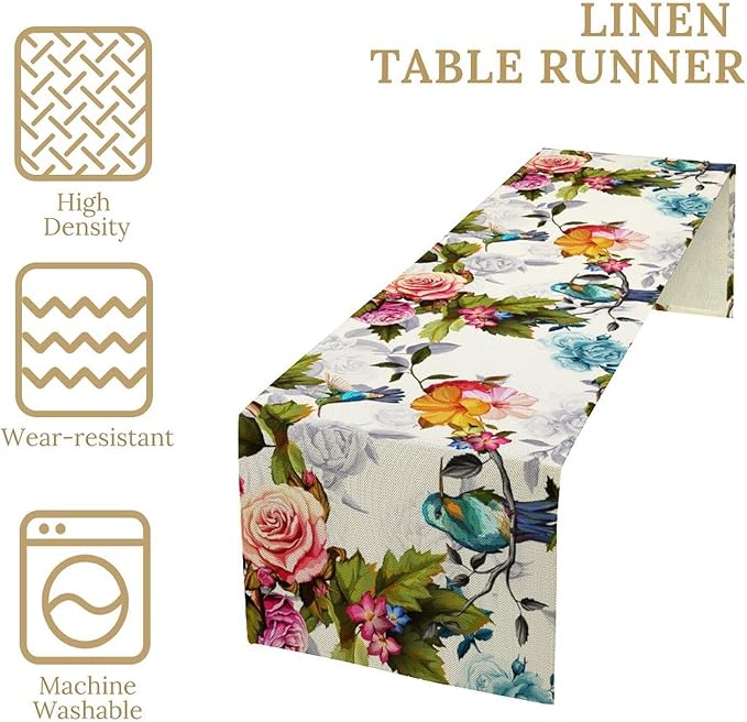 Hummingbird Table Runner,Vintage Floral Country Style Table Cloth Home Kitchen Restaurant Party Decoration 13x36 Inch
