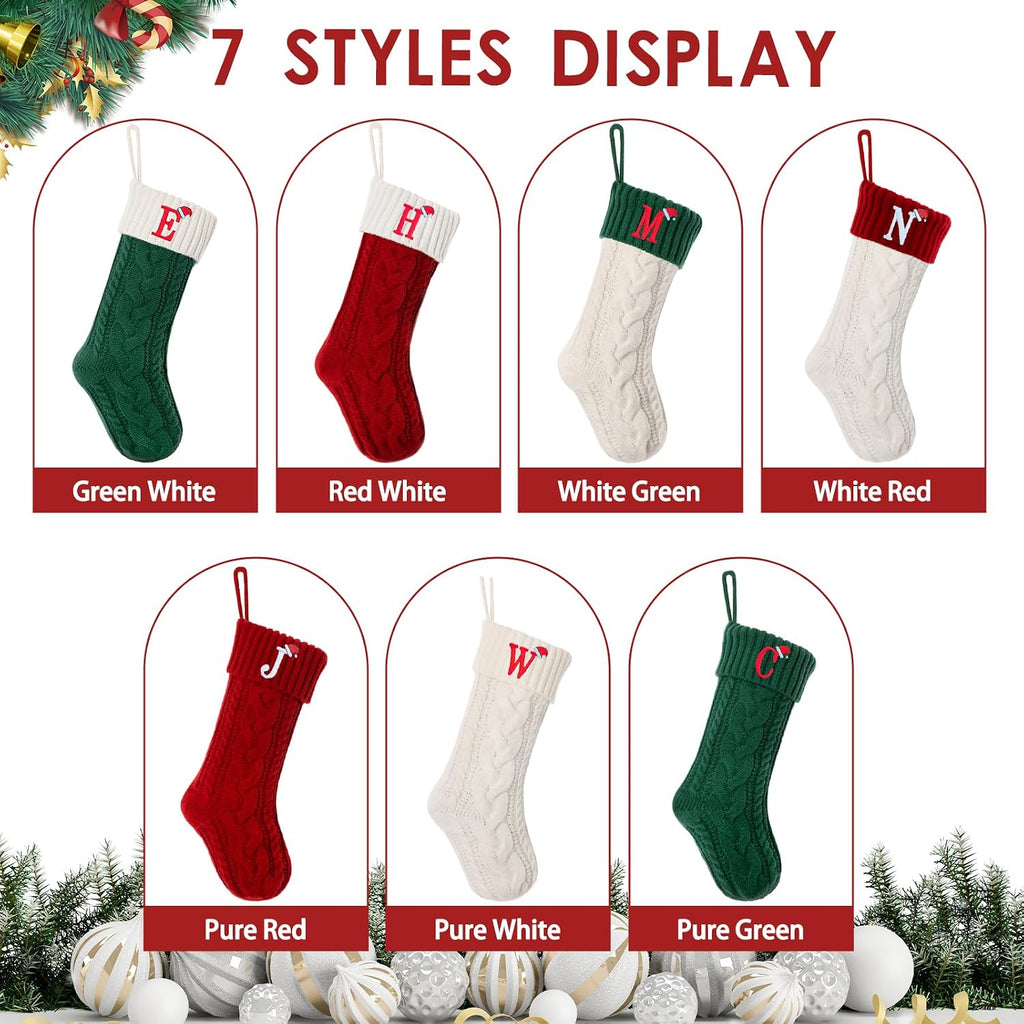Christmas Stockings with Initials, Personalized Embroidered Monogram 18 Inches Knitted Christmas Stockings Fireplace Xmas Stockings for Kids,Family Holiday Party Decoration White Red Letter C