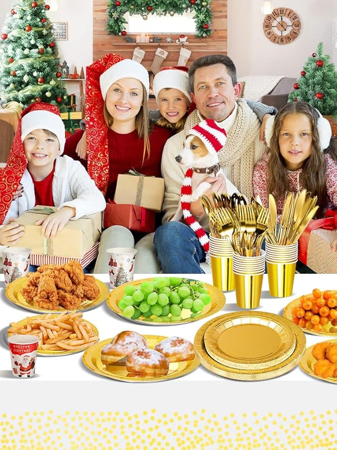 141 Pieces Gold Party Supplies, Party Dinnerware Sets Include Paper Plates Napkins Cups Silverware, for Wedding Bridal Shower Engagement Birthday Parties Decoration -20 Serves