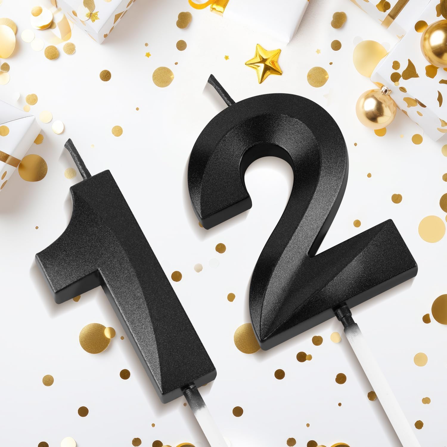Number 12 Birthday Candles, 1.96 Inch Happy Birthday Cake Candles Cupcakes Topper Decoration for Birthday Party Wedding Anniversary Celebration Supplies (Black)