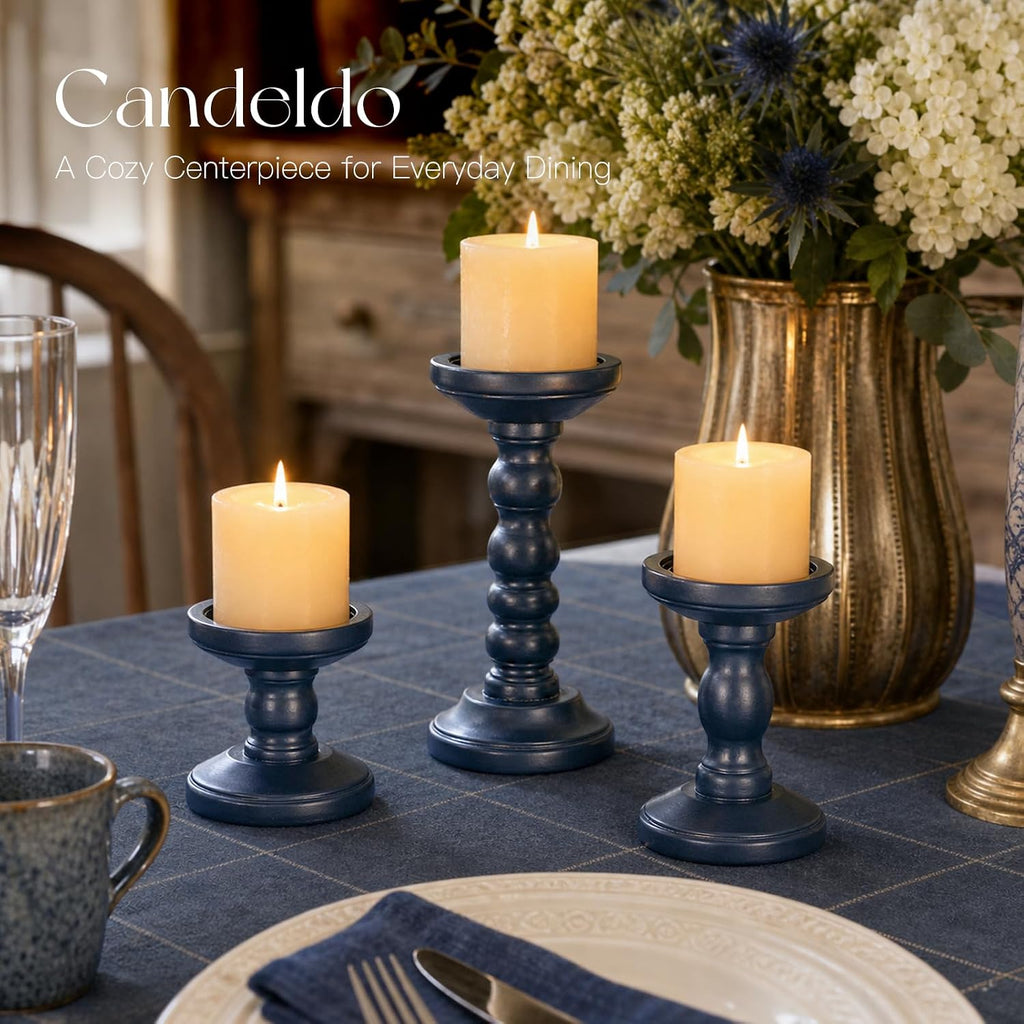 Candeldo Wood Candle Holder for Pillar, Navy Blue Coastal Decoration | Set of 3, Table Centerpiece, Tall Shabby Chic Decor, Wooden Rustic Kitchen Decor for Fireplace Mantle