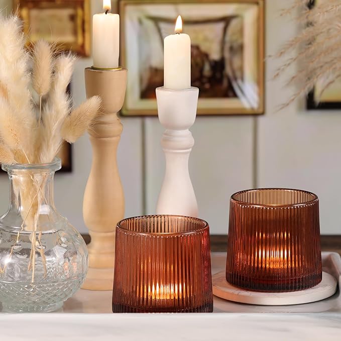 Amber Ribbed Tealight Votive Candle Holders- 6Pack Glass Candle Holders for Table Centerpiece, Home Decor, Wedding Decor, Party Dinner