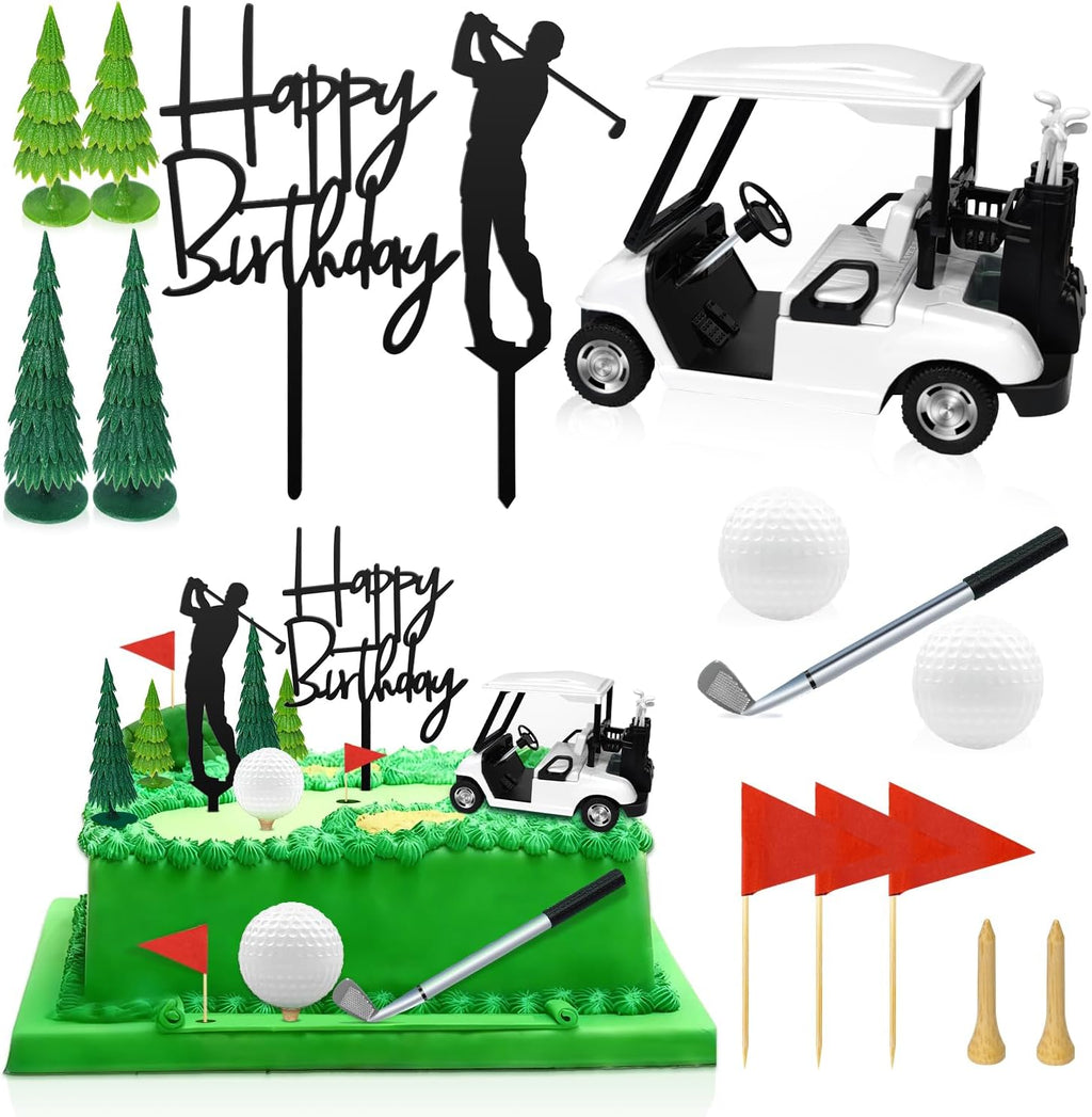 15Pcs Golf Theme Cake Topper Decorations Happy Birthday Cake Decorations with Golf clubs, Mini Cart, Ball, Green Tree, Red Flag Cupcake Topper for Birthday, Father's Day Party Decor Supplies