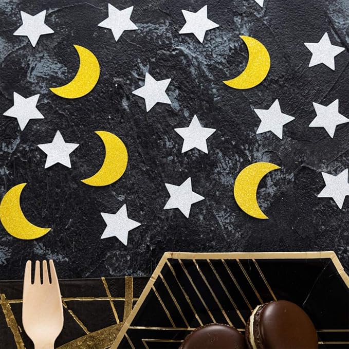 Glitter Confetti Star and Moon for Table Wedding Birthday Eid Party Decoration, 1.2 inch in Diameter(gold,silver,200pc)