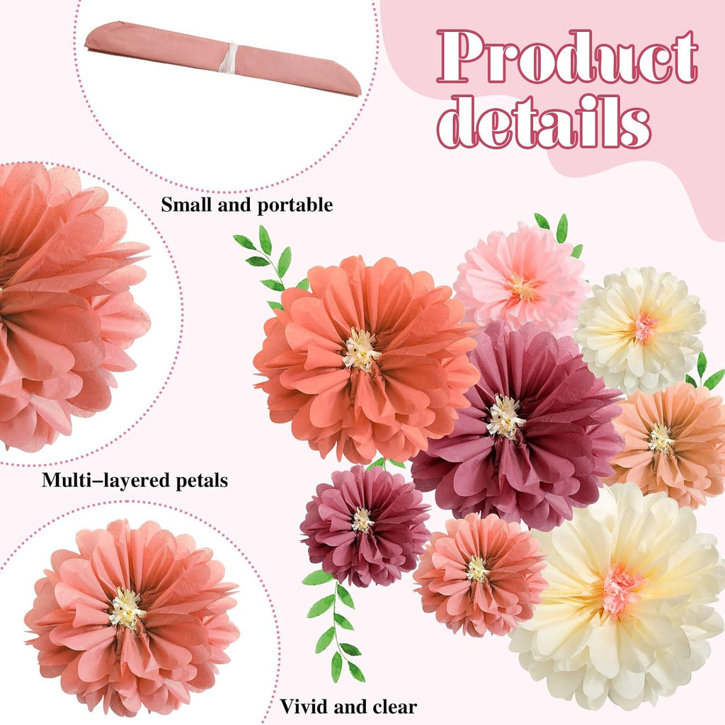 Watersay 24 Pcs 10" 20" Giant Mexican Fiesta Paper Flowers Colorful Tissue Crepe Flowers Pom Poms Craft for Floral Party Backdrop Wedding Birthday Party (Dusty Color)