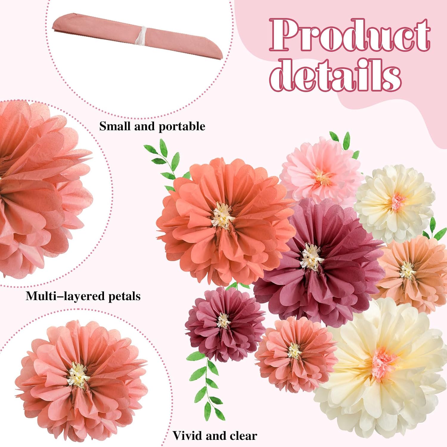 Watersay 24 Pcs 10" 20" Giant Mexican Fiesta Paper Flowers Colorful Tissue Crepe Flowers Pom Poms Craft for Floral Party Backdrop Wedding Birthday Party (Dusty Color)