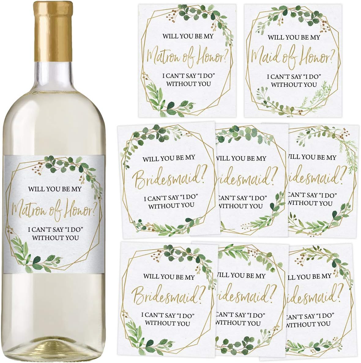 Printed Party Bridesmaid Proposal Wine Bottle Label Gift, Greenery, Set of 8