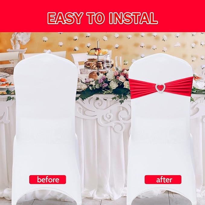 Howhic Pack of 30 Spandex Chair Sashes Bows Stretch Chair Cover Band with Buckle Slider Universal Elastic Chair Ties for Wedding Banquet Party Event Decoration (Ruby)