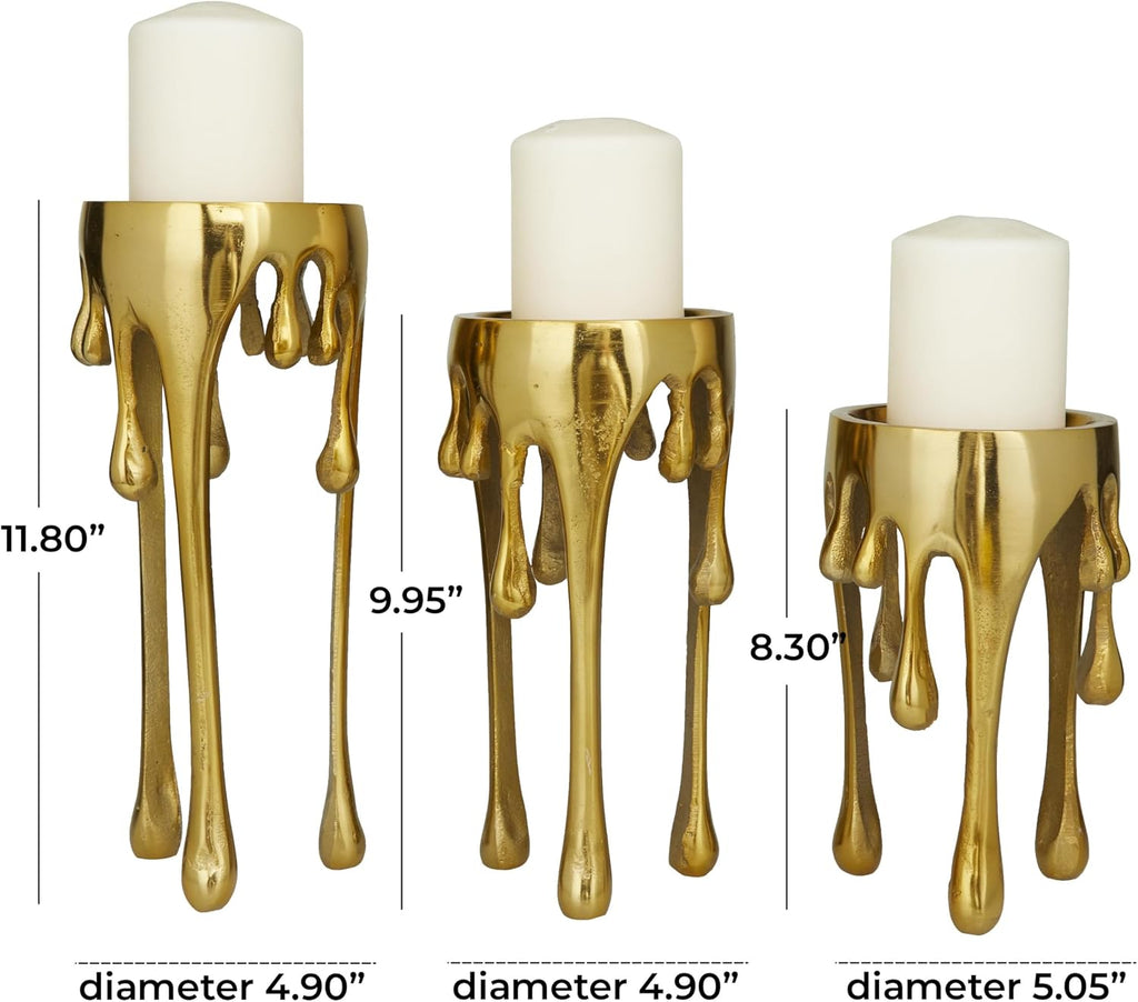 CosmoLiving by Cosmopolitan Aluminum Metal Abstract Decorative Candle Holder Melting Drip Candle Stand, Set of 3 Candlestick Holder 12", 10", 8"H, Gold