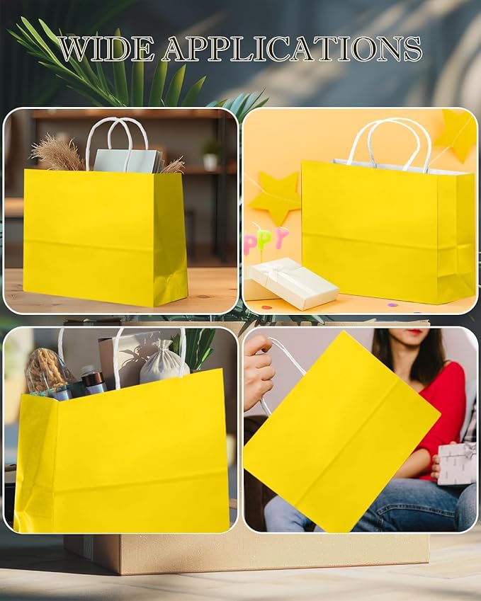 qiqee 100PCS Large Gift Bag with Handles Bulk 13"x4.5"x10" Gift Bags Bright Yellow Multiple Uses (32x11x25cm,Wide Large)
