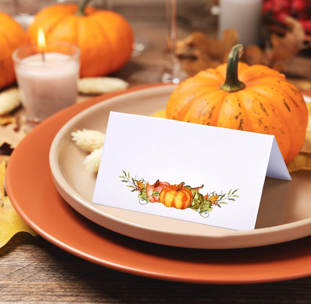Gift Boutique 100 Pack Thanksgiving Place Cards with Pumpkins and Fall Leaves Folded Paper Name Cards for Dinner Table Setting Autumn Party Decorations