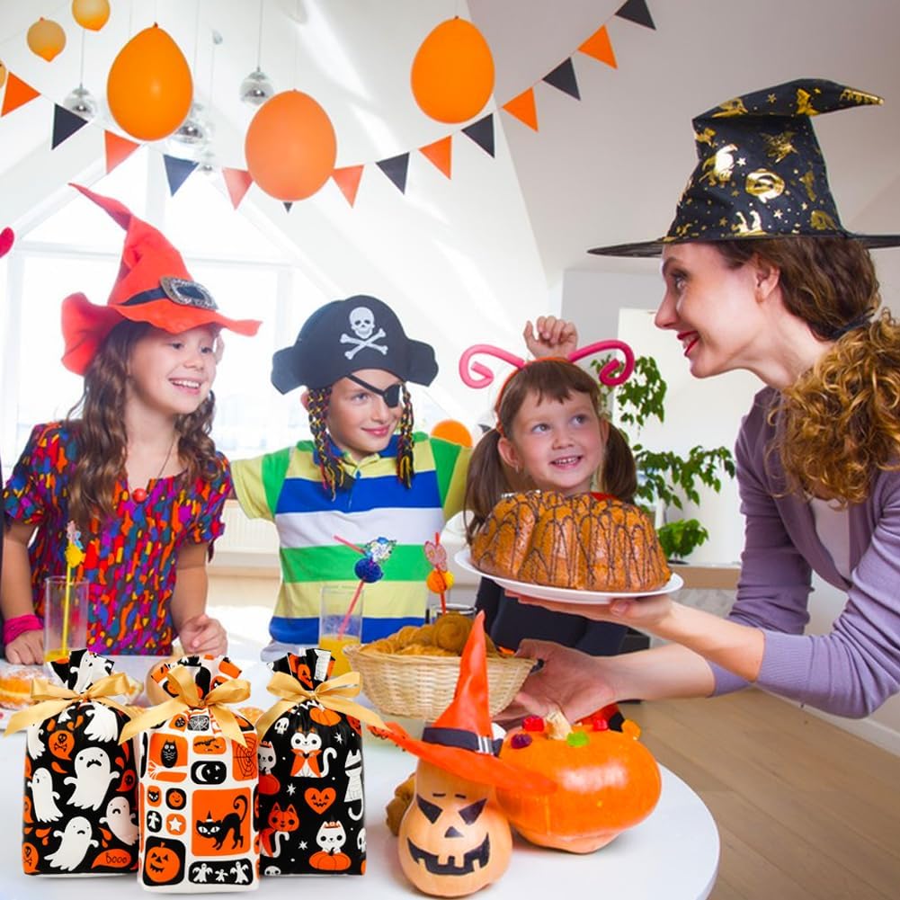 Shintop Halloween Treat Bags, 50PCS Small Candy Bags Drawstring Reusable Plastic Goodie Gift Pouches Party Favors Supplies for Trick or Treat Sweets Cookies (Ghosts, Black Cats, Pumpkins)