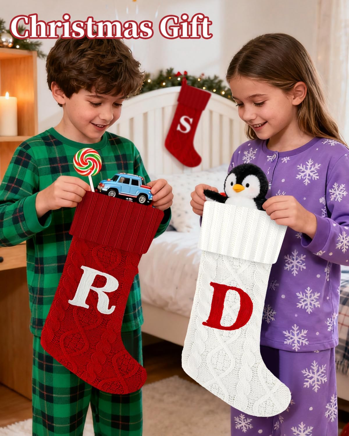 Christmas Stockings with Initials,20 Inches Large White Embroidered Monogram Knitted Christmas Stockings with Letter,Personalized Xmas Stockings for Fireplace Family Holiday Decor(Letter J,White)