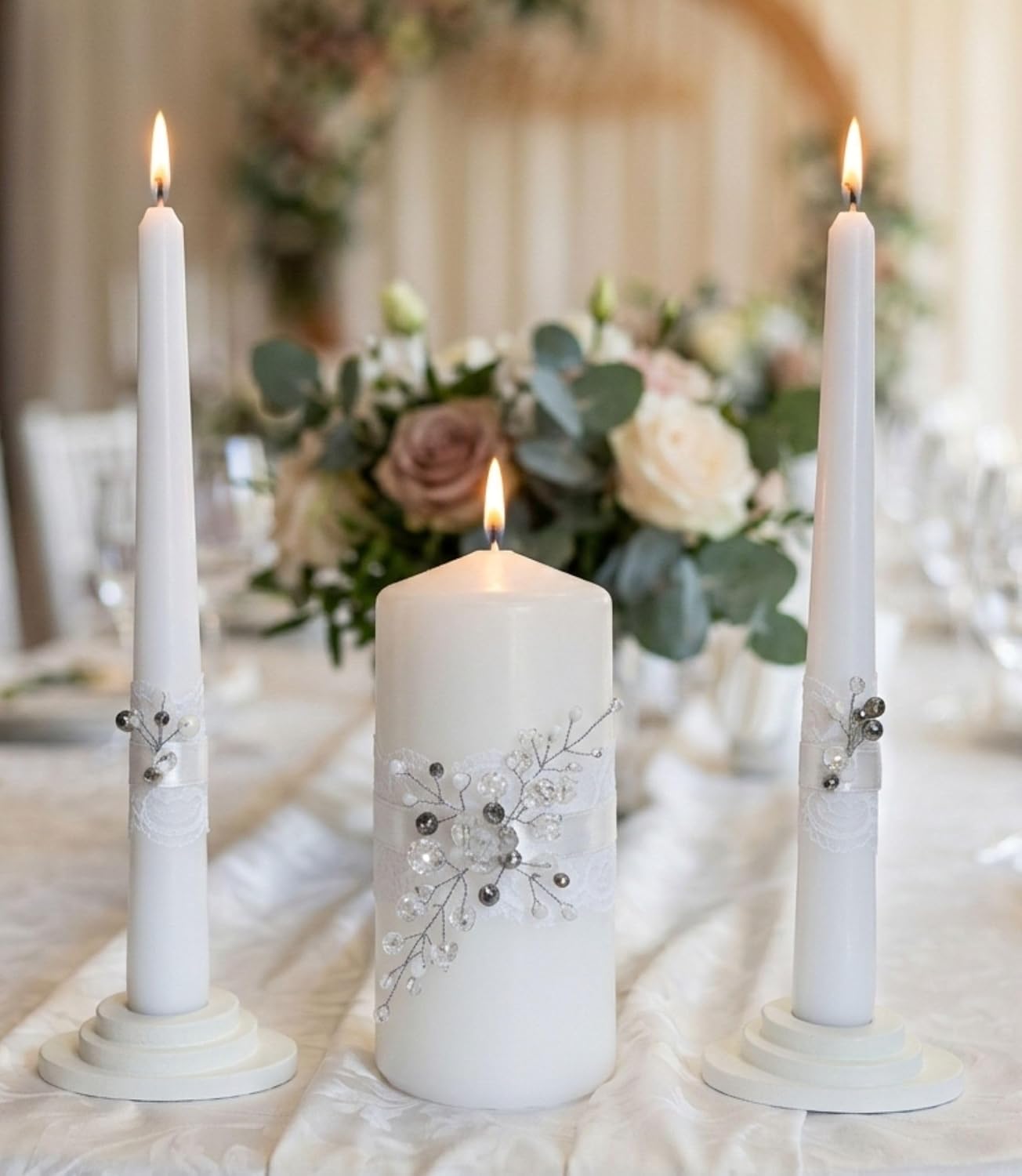 Unity Candle Set - Wedding Ceremony & Reception – 6” Pillar & Two 10” Taper Candles – Long Burning Unity Candles for Marriage Ritual – Handmade in USA –Diamond | White