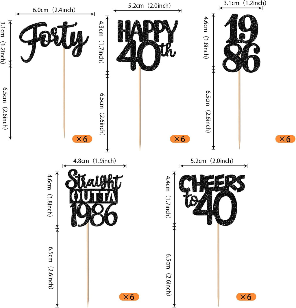 30PCS Black 40th Birthday Cupcake Toppers Glitter Forty Happy 40th Straight Outta 1986 Cupcake Picks for Cheers to 40 Years 40th Birthday Wedding Anniversary Party Decorations Supplies