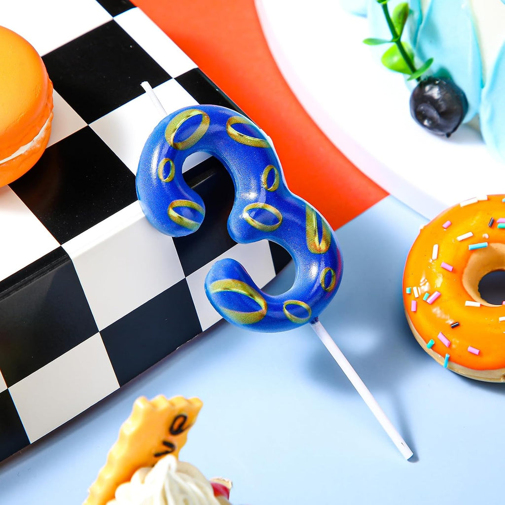 Conelist Number 3 Birthday Cake Candles Blue and Golden Rings Number Candle with Vibrant Designs for Boys & Girls, Theme Birthday Decorations, Cake Toppers for Theme Parties