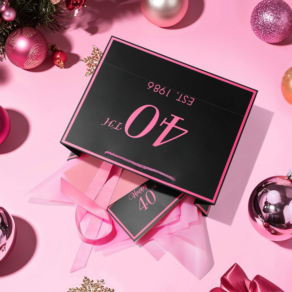 40th Birthday Gift Bag with Card and Tissue Paper for Women Her, 1986 40 Year Old 13" Elegant Black & Pink Anniversary Keepsake Party Present Shopping Paper Bags for Gifts Wrapping (1986 40th)