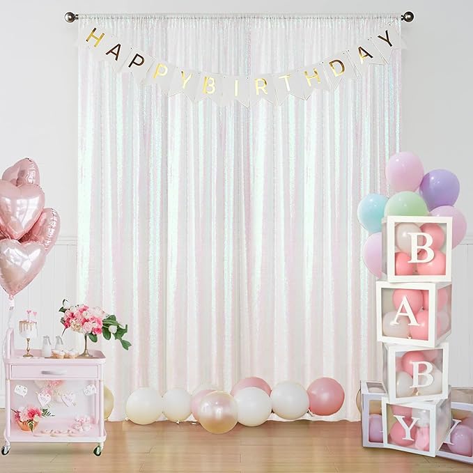 Sugargirl White Iridescent Sequin Backdrop Curtain 2 Panels 2FTx8FT Glitter White Iridescent Background Drapes Sparkle Photography Backdrop for Party Wedding Birthday Wall Decoration