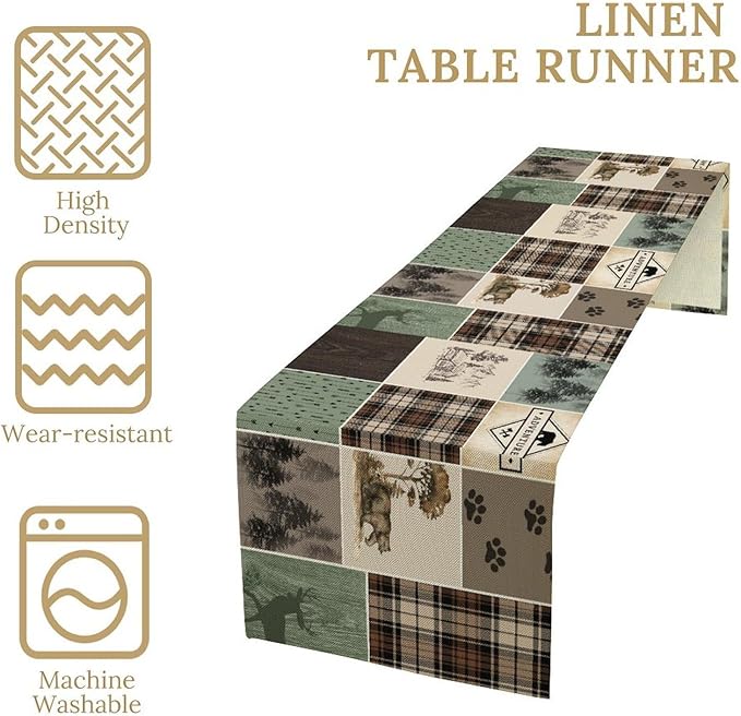 Bear Deer Table Runner,Rustic Lodge Retro Country Farmhouse Buffalo Plaid Print Tablecloth Burlap for Hotel Indoors Outdoor Dining Room Kitchen Home Decor,W13X L108 in