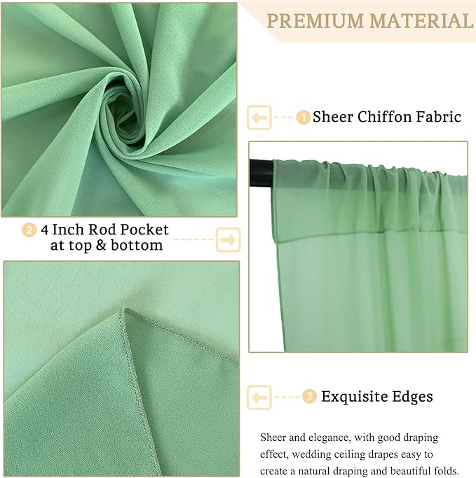 Ceiling Drapes Wedding Arch Drapes Chiffon Arch Draping 2 Panels 5x20 FT Sage Green Ceiling Decorations Sheer Backdrop Curtain for Parties Tulle Fabric Arbor Drapery Swag Ceiling Curtains for Events