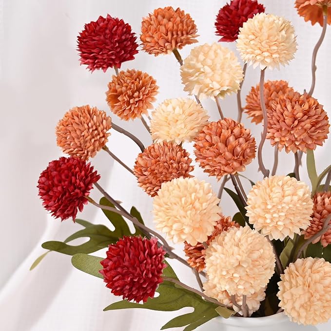 Waipfaru 10pcs Fake Silk Pompon Mum Artificial Fall Flowers, Faux Mini Chrysanthemums with 2pcs Eucalyptus Stems, Fall Decor for Centerpieces Wedding, No vase, Multicoloured