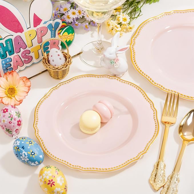 Hioasis 60pcs Pink Plastic Plates - Pink and Gold Disposable Dinnerware with Gold Rim, Heavy-duty, 10.25 inch, Dinner Plates for Party & Wedding