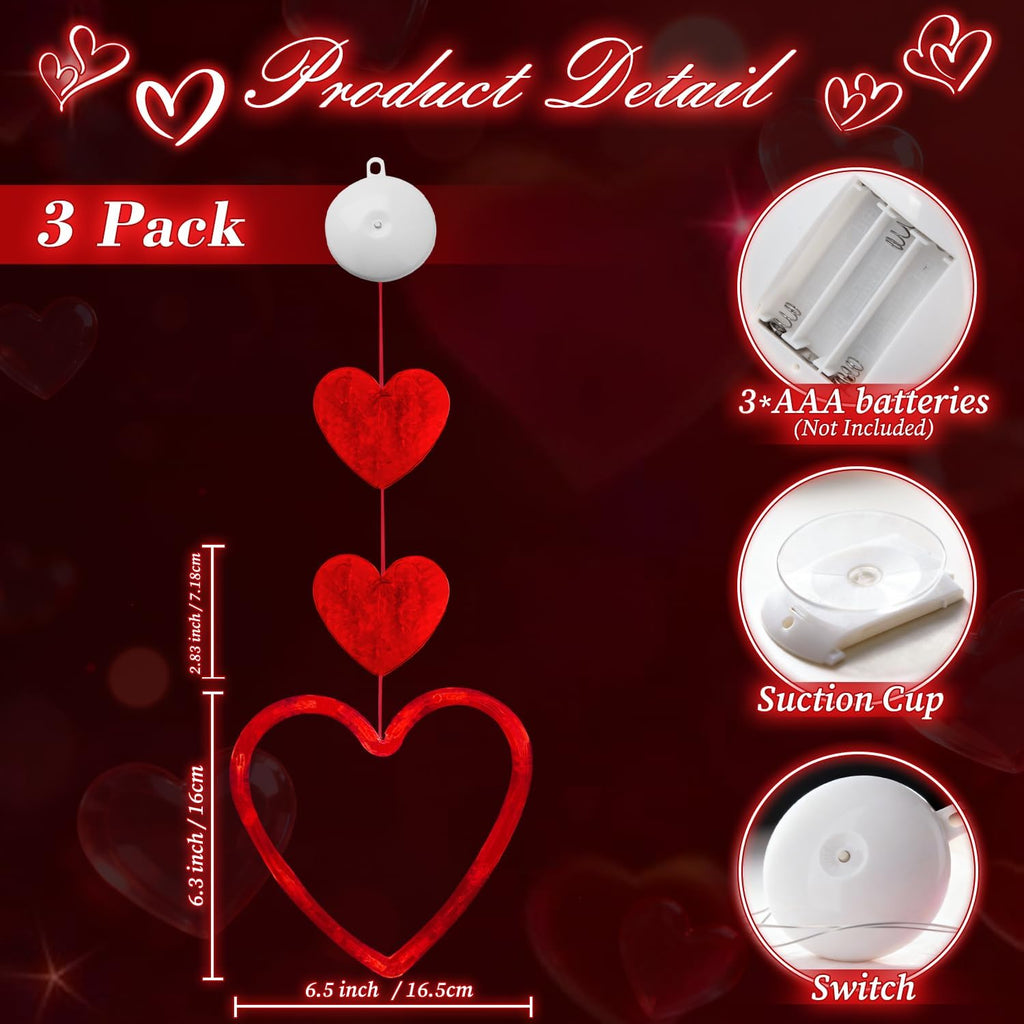 Artmag 3 Pcs Valentines Day Window Lights Decorations with Timer, Three Hearts Shaped Silhouette Battery Powered Hanging Led Lamp for Valentine's Day Lover Home Decor Red