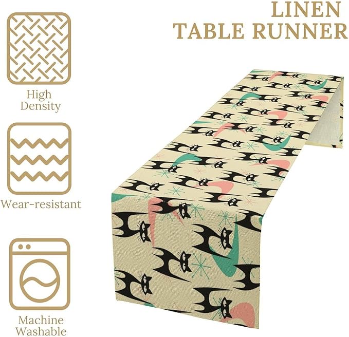 Mid Century Table Runner,Cat Geometric Stripe Colorful Abstract Pattern Print Tablecloth Burlap for Hotel Indoors Outdoor Dining Room Kitchen Holiday Party, 13x60in