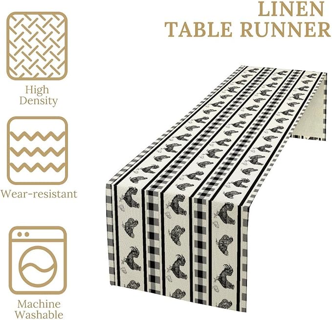 Rooster Table Runner,Farmhouse Animal Vintage Chicken Black White Plaid Check Tablecloth Burlap for Hotel Indoors Outdoor Dining Room Kitchen Home Decor,W13X L36 in