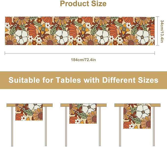 Vintage Floral Table Runner,Boho 70s Style Retro Flower Table Cloth Kitchen Dining Table Home Party Decoration 13x36 Inch