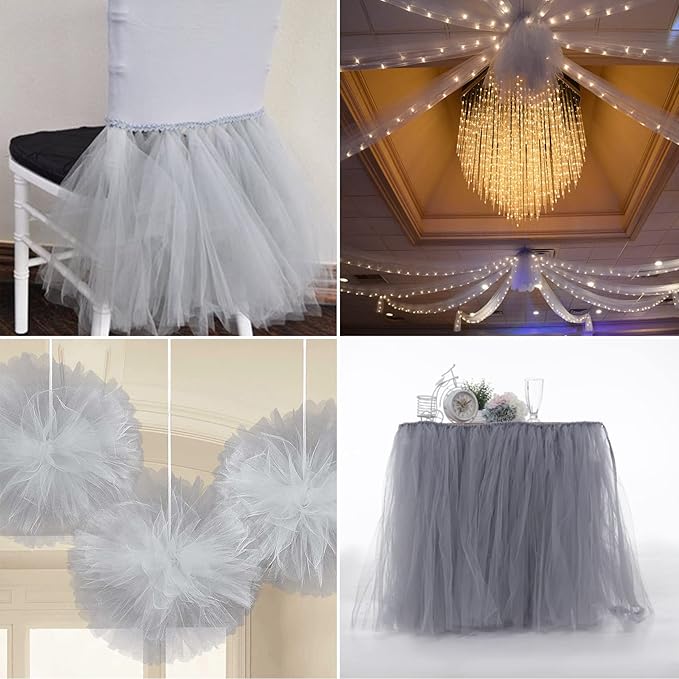 Silver Tulle Fabric Rolls 6 Inch by 100 Yards (300 feet) Fabric Spool Tulle Ribbon for DIY Silver Tutu Bow Baby Shower Birthday Party Wedding Christmas Decorations Craft Supplies