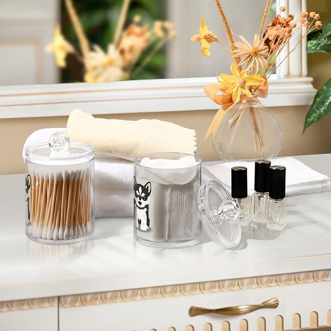2 Pack Qtip Dispenser Apothecary Jars Dog Bathroom Organizer, Siberian Husky Puppy Qtip Holder Storage Canister Plastic Acrylic Jar for Cotton Ball/Swab/Rounds