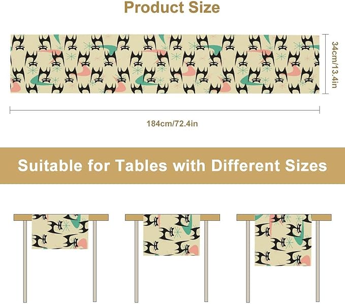 Mid Century Table Runner,Cat Geometric Stripe Colorful Abstract Pattern Print Tablecloth Burlap for Hotel Indoors Outdoor Dining Room Kitchen Holiday Party, 13x60in