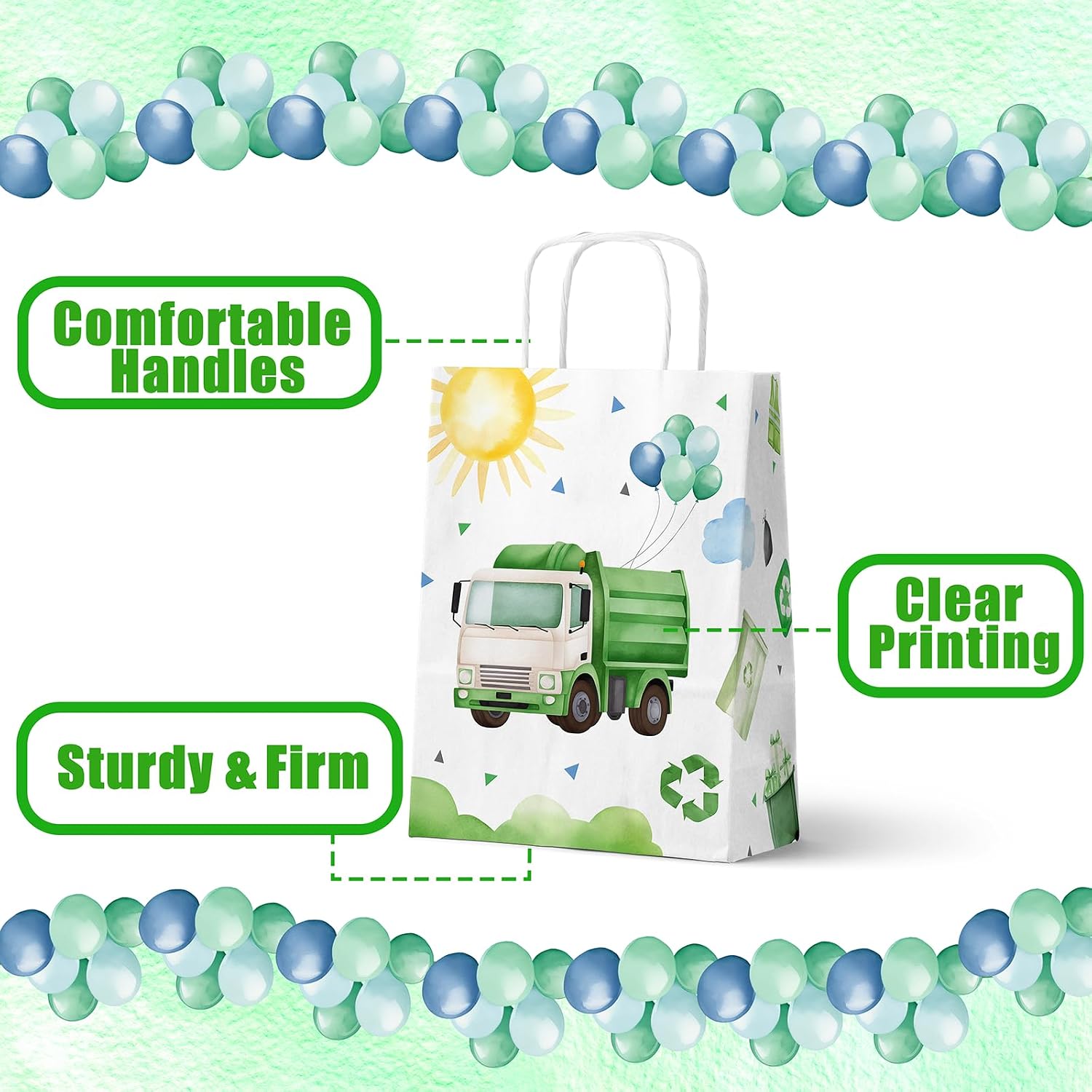 HaPiBiDesign Garbage Truck Party Favor Bags, 24 Pack Garbage Truck Goodie Bags with Handles, Garbage Truck Gift Bags, Garbage Truck Treat Bags for Kids Birthday Party, Garbage Truck Party Supplies