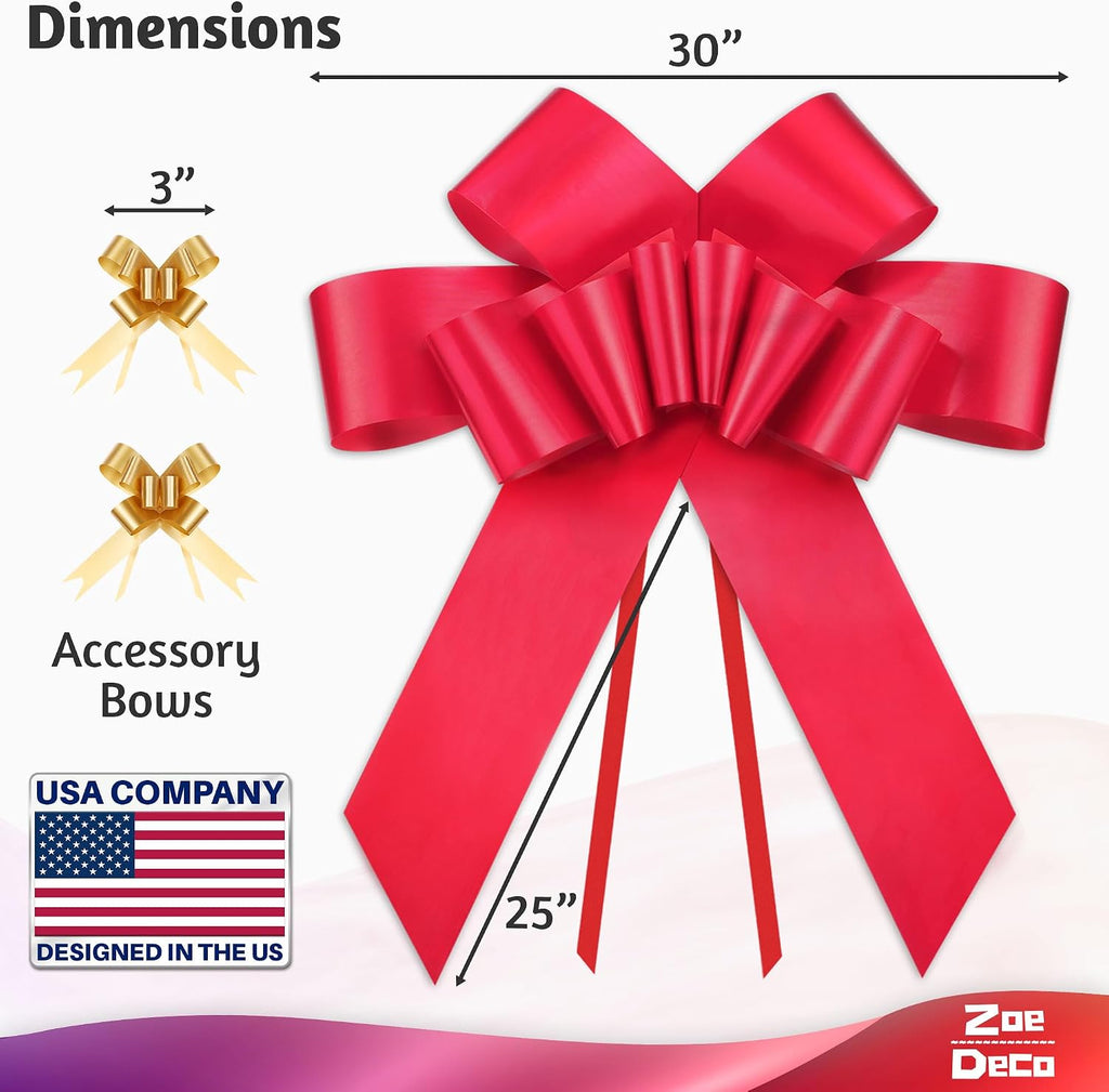 Zoe Deco - Big Car Bow - Red, 30 Inch - Giant Car Bow for Birthday, Christmas, Wedding Reception, Surprise Party - Large Gift Wrapping for Huge Present