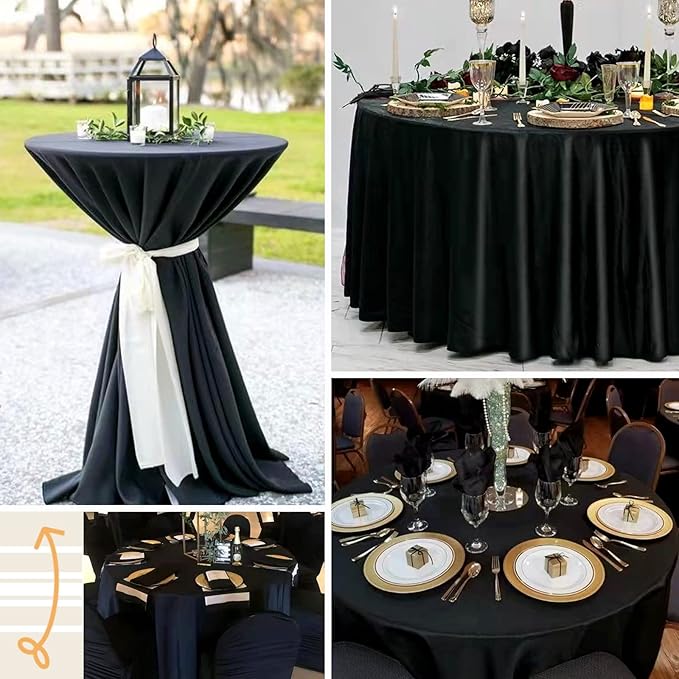 fani 12 Pack 120 Inch Black Satin Tablecloth - Premium Bright Silky Round Tablecloth Overlay Smooth Fabric Table Cover, Table Decoration for Wedding Party Banquet Events Restaurant Kitchen Dining