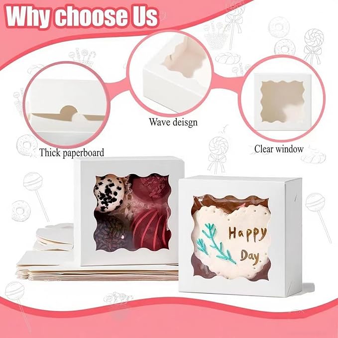 RomanticBaking 3 ¼" x 3 ¼" x 1 ½" 50PCS Chocolate Truffle Boxes for 4，Cookies Boxes Mini Bakery Boxes with Window for Brownie,Soap,Donut