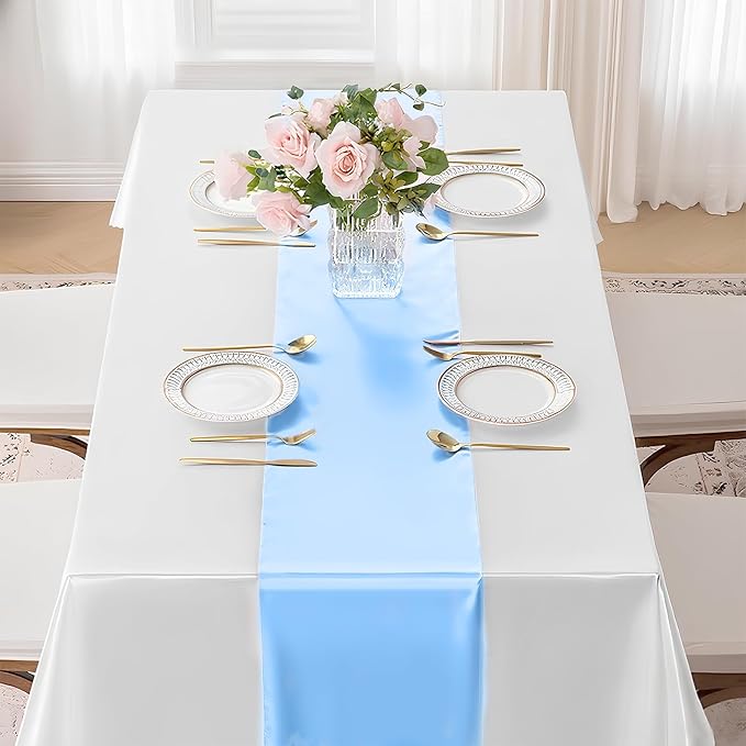 SHEJIZE 10 Pack Light Blue Satin Table Runner 12x108 Inches Long, Bright Silky Smooth Satin Table Runner Table Decor for Wedding Banquet Christmas Prom Event Birthday Party